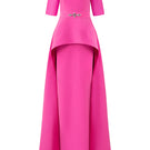 I.H.F column evening gown with elbow-length sleeves and attached mullet peplum, elegant formal dress with sleek silhouette.
