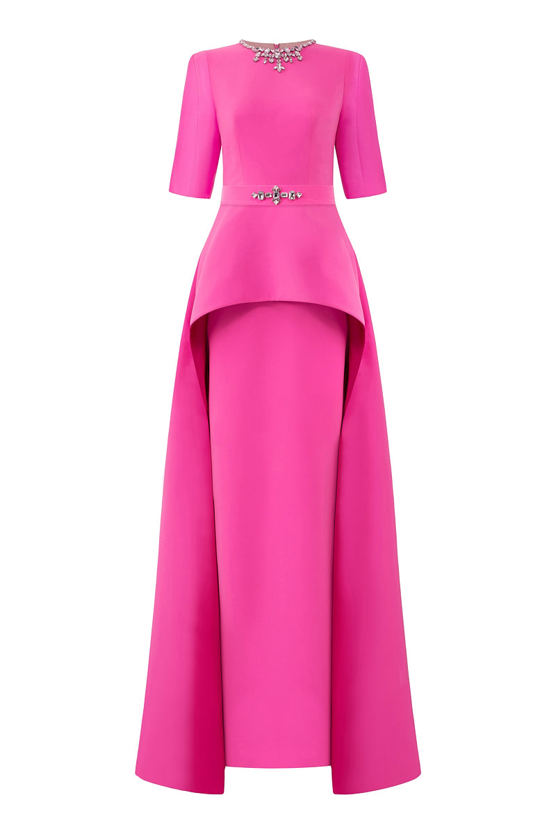 COLUMN EVENING GOWN WITH ELBOW LENGTH SLEEVES AND ATTACHED MULLET PEPLUM - CULT MIA