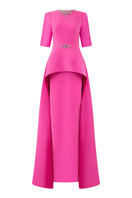 I.H.F column evening gown with elbow-length sleeves and attached mullet peplum, elegant formal dress with sleek silhouette.