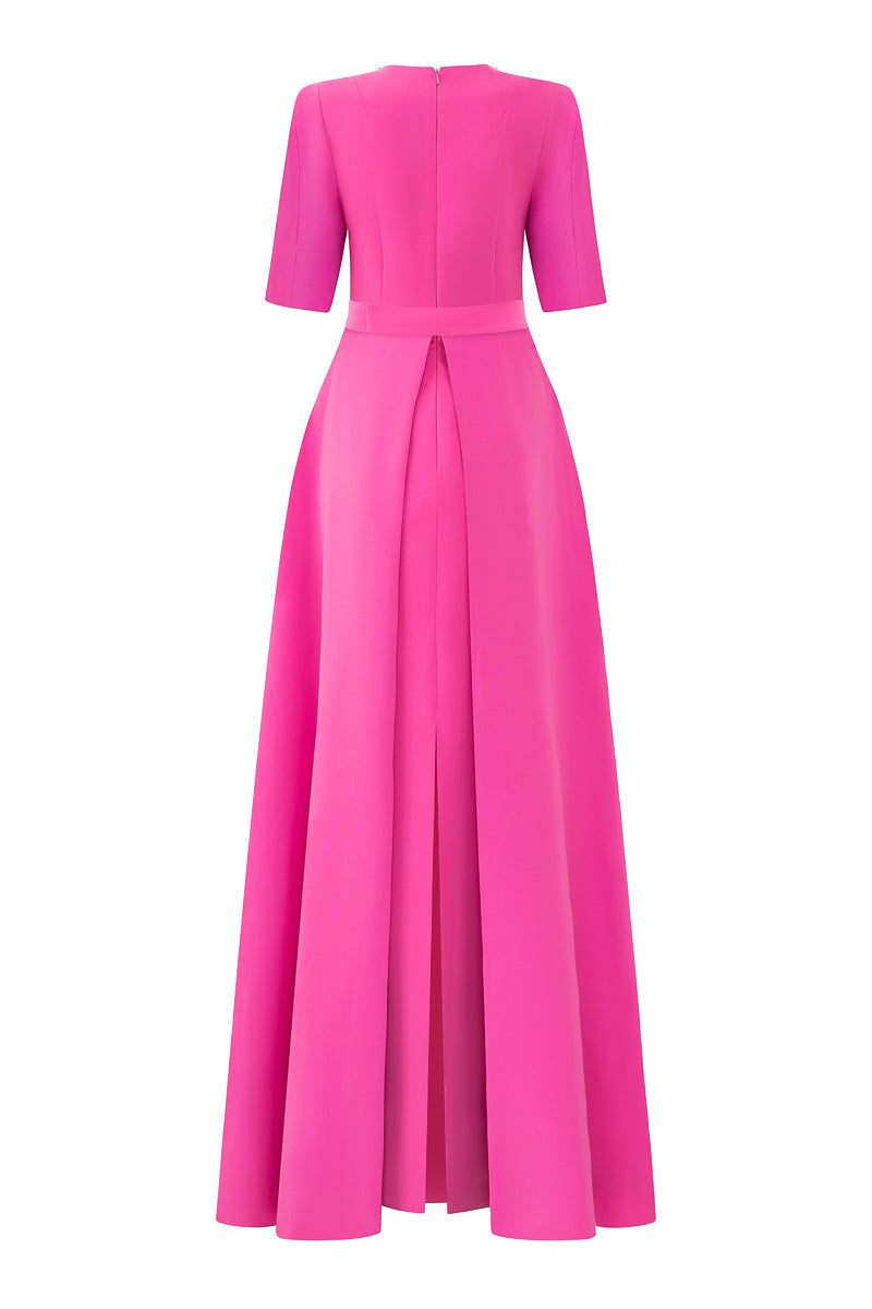 COLUMN EVENING GOWN WITH ELBOW LENGTH SLEEVES AND ATTACHED MULLET PEPLUM - CULT MIA