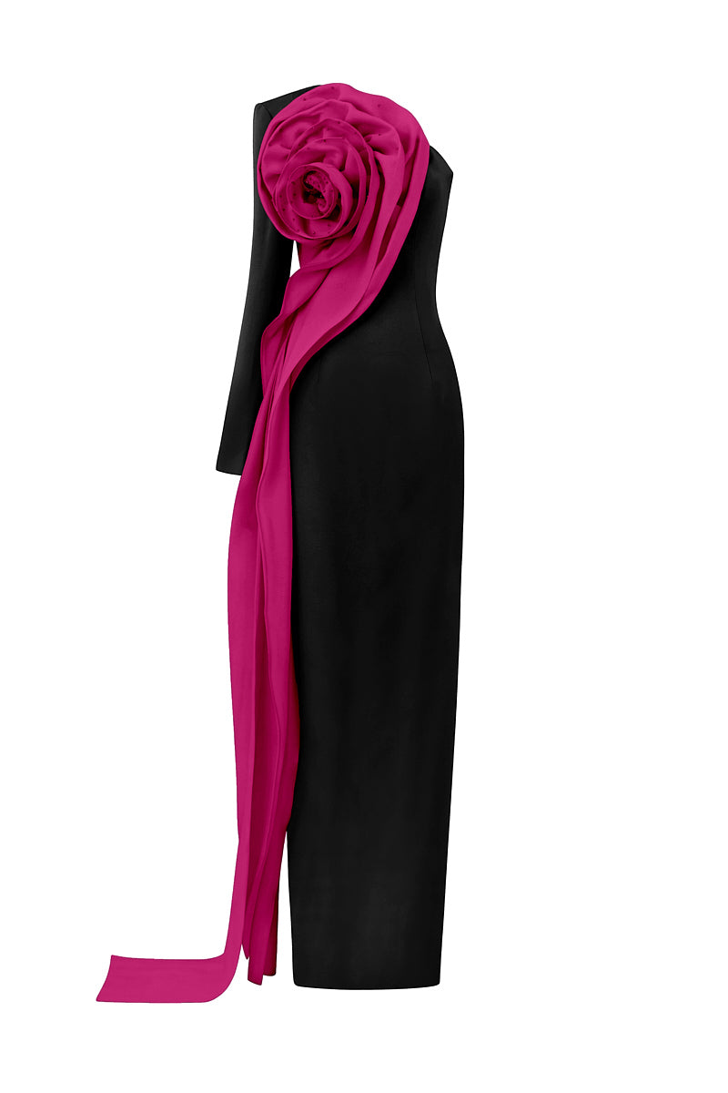 COLUMN GOWN WITH DRAPED ROSE ON SIDE CHEST - CULT MIA