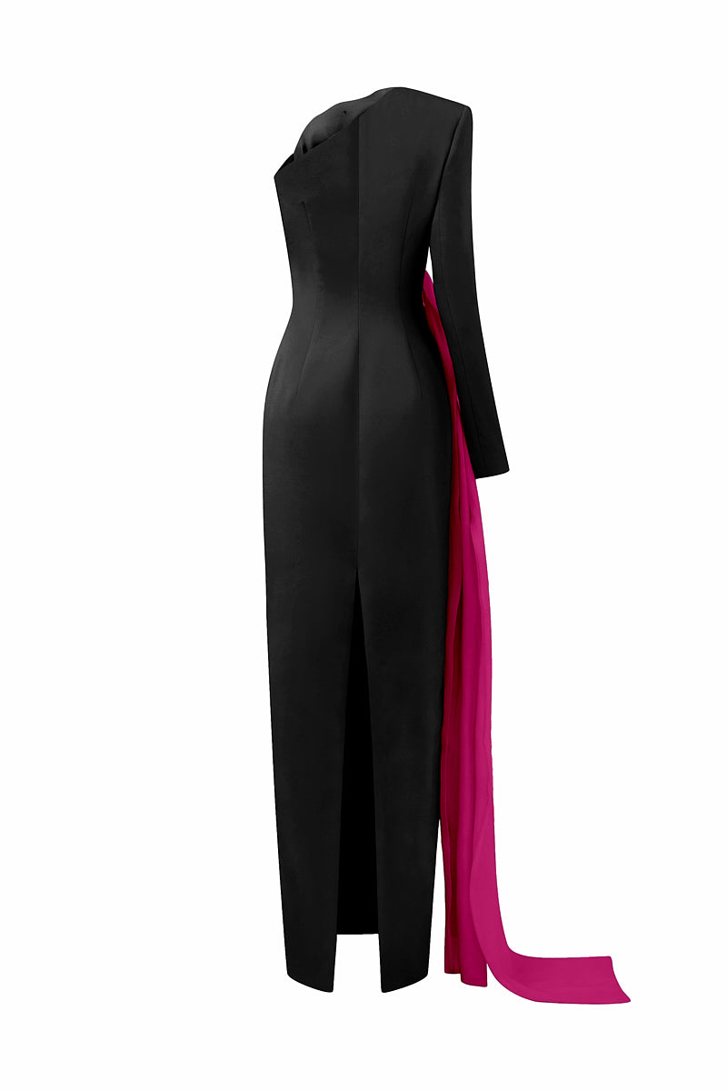 COLUMN GOWN WITH DRAPED ROSE ON SIDE CHEST - CULT MIA