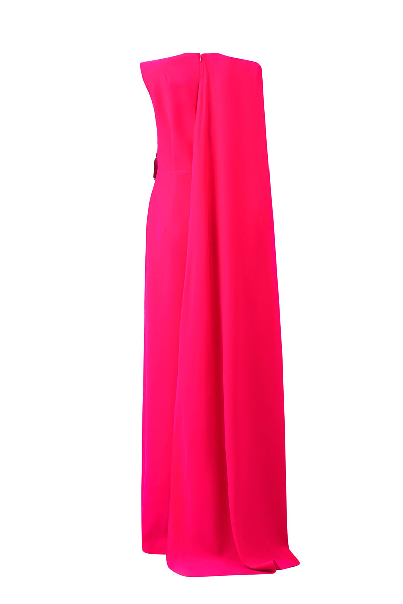 FUCHSIA COLUMN GOWN WITH ATTACHED ONE SHOULDER LONG CAPE - CULT MIA