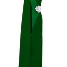 Green column evening gown with attached one-shoulder long cape and side waist patch, designed by I.H.F.