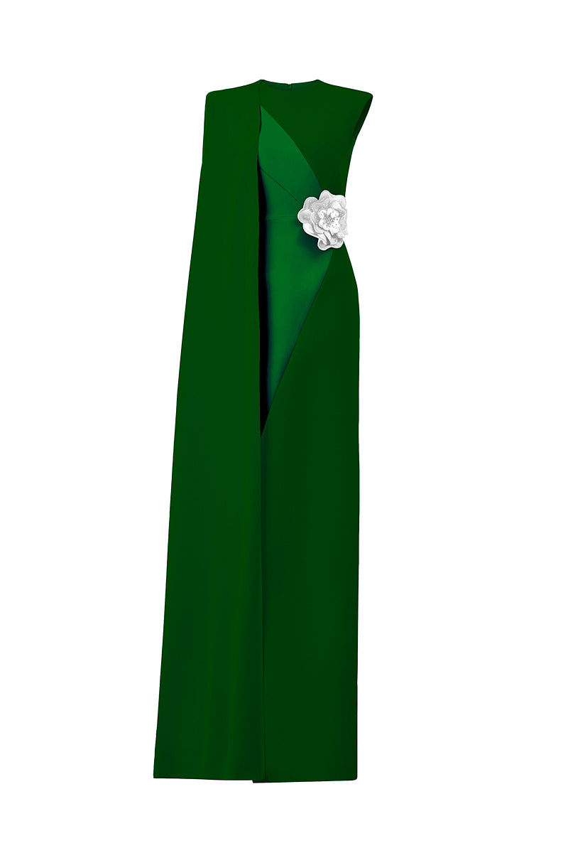 GREEN COLUMN GOWN WITH ATTACHED ONE SHOULDER LONG CAPE - CULT MIA