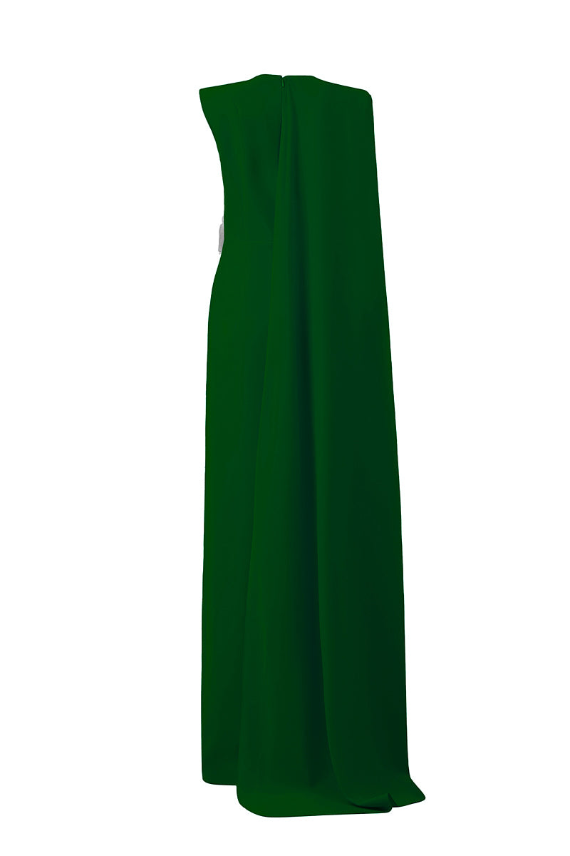 Green I.H.F column gown with side waist patch and attached one-shoulder long cape, elegant evening wear.