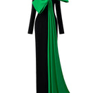I.H.F column evening gown with trapeze neckline and large attached bow, elegant formal dress for special occasions.