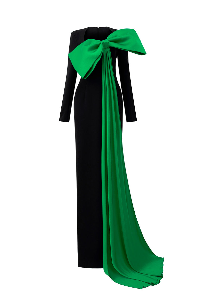 COLUMN EVENING GOWN WITH TRAPEZE NECKLINE AND ATTACHED LARGE BOW - CULT MIA
