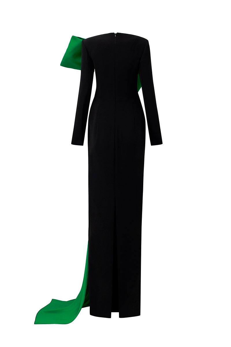 I.H.F column evening gown with trapeze neckline and attached large bow, elegant floor-length dress with a flowing silhouette.