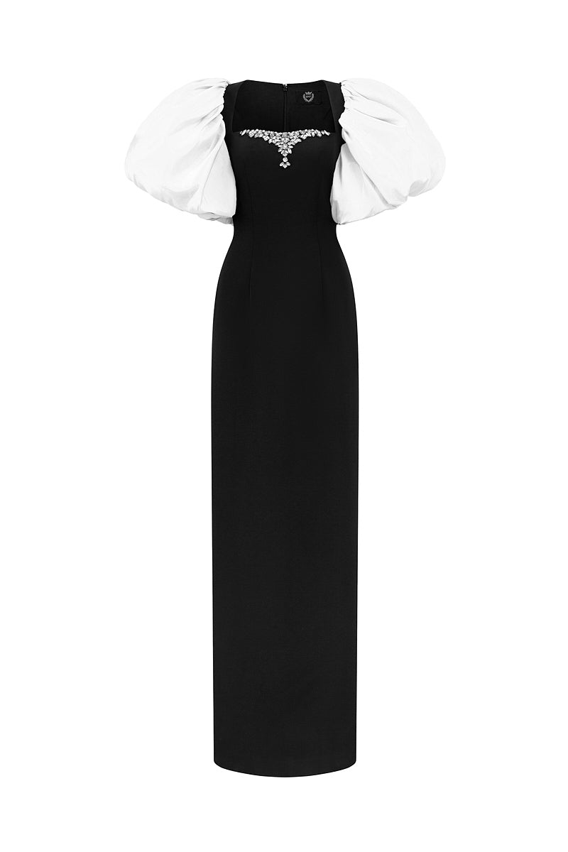 COLUMN EVENING GOWN WITH TRAPEZE NECKLINE AND DRAPED SHORT SLEEVES - CULT MIA