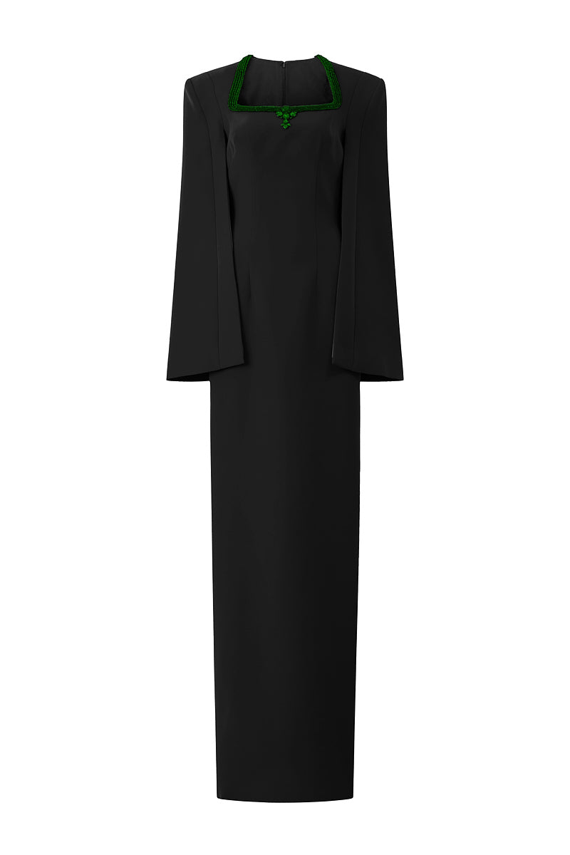 BLACK COLUMN EVENING GOWN WITH TRAPEZE NECKLINE AND LONG SLIT SLEEVES - CULT MIA
