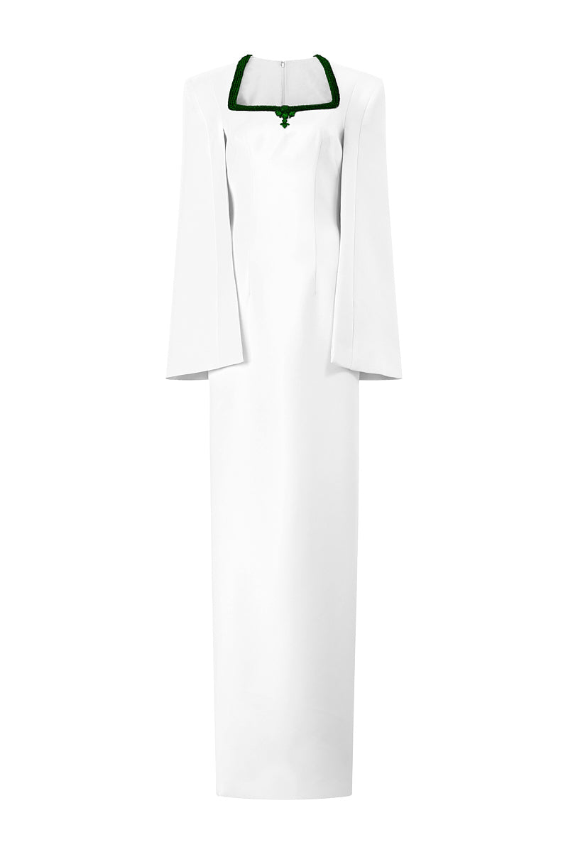 WHITE COLUMN GOWN WITH TRAPEZE NECKLINE AND LONG SLIT SLEEVES - CULT MIA