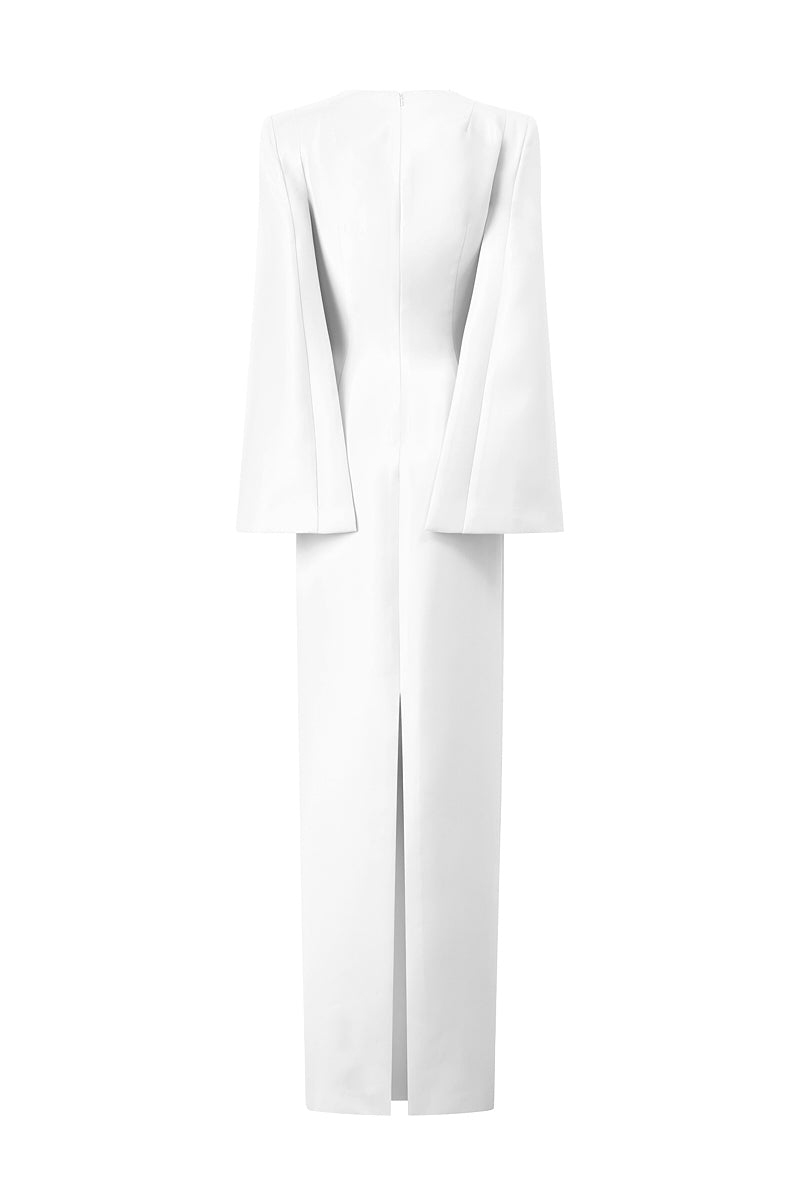 WHITE COLUMN GOWN WITH TRAPEZE NECKLINE AND LONG SLIT SLEEVES - CULT MIA