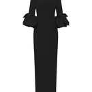 Black I.H.F column gown with trapeze neckline and rose draped three-quarter sleeves, elegant evening dress.