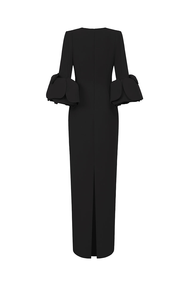 BLACK COLUMN GOWN WITH TRAPEZE NECKLINE AND ROSE DRAPED THREE-QUARTER SLEEVES | CULT MIA | I.H.F BLACK COLUMN GOWN WITH TRAPEZE NECKLINE AND ROSE DRAPED THREE-QUARTER SLEEVES | CULT MIA | I.H.F