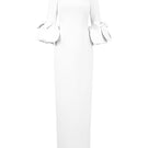 I.H.F column gown with trapeze neckline and rose draped three-quarter sleeves, elegant evening dress design.