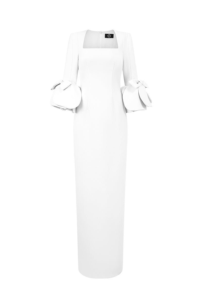 COLUMN GOWN WITH TRAPEZE NECKLINE AND ROSE DRAPED THREE-QUARTER SLEEVES - CULT MIA