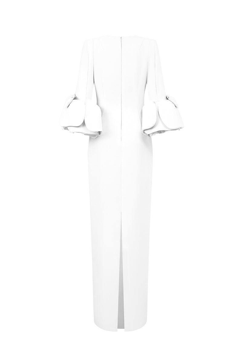 I.H.F column evening gown with trapeze neckline and rose-draped three-quarter sleeves, elegant and flowing for formal occasions