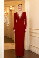 I.H.F Ruby V-neckline evening gown featuring a sleek column design and long sleeves, perfect for formal occasions.