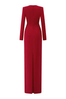 Elegant I.H.F ruby V-neckline evening gown with long sleeves and a sleek column silhouette, perfect for formal occasions.