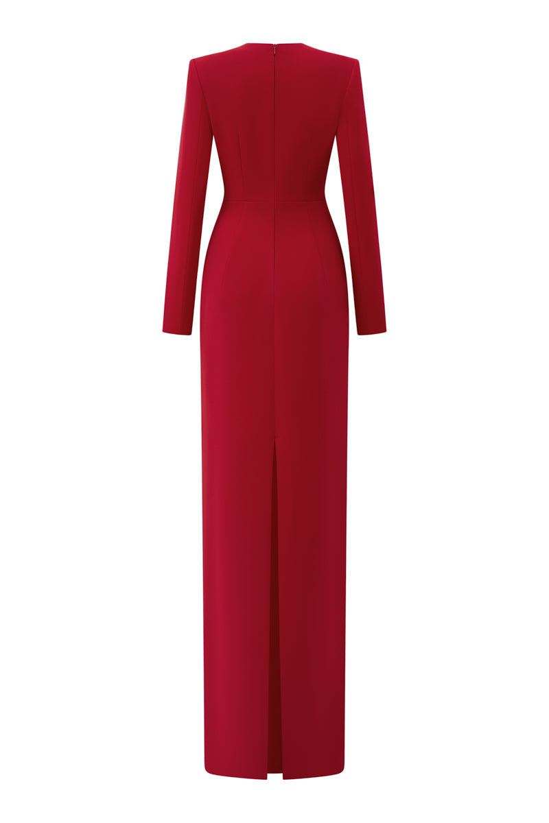 Elegant I.H.F ruby V-neckline evening gown with long sleeves and a sleek column silhouette, perfect for formal occasions.
