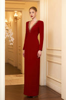 Elegant ruby V-neckline evening gown by I.H.F featuring a column silhouette and long sleeves, perfect for formal occasions.