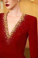 I.H.F ruby V-neckline evening gown with long sleeves, fitted column silhouette, perfect for formal events.