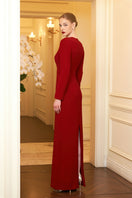 Elegant ruby V-neckline evening gown by I.H.F featuring a sleek column silhouette and long sleeves for formal occasions.