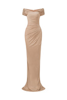 I.H.F champagne column evening gown with draped details, off-shoulder design, and elegant waist fit.