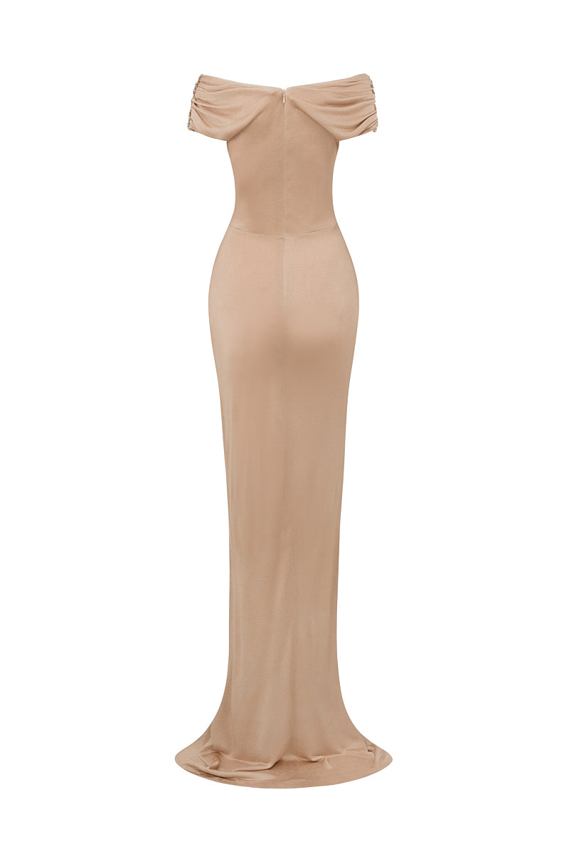 CHAMPAGNE COLUMN EVENING GOWN WITH DRAPED DETAILS - CULT MIA
