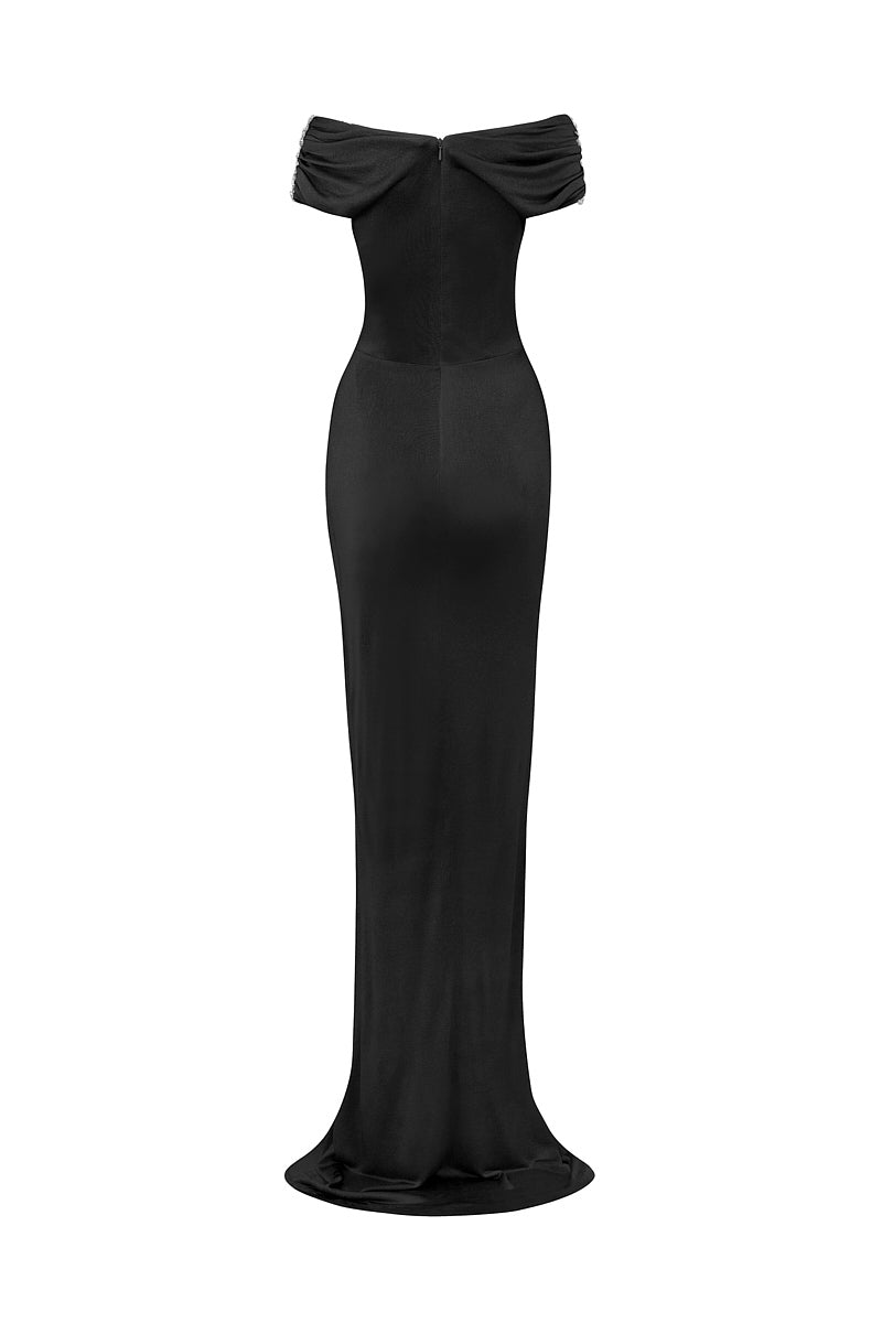 BLACK COLUMN EVENING GOWN WITH DRAPED DETAILS | CULT MIA | I.H.F BLACK COLUMN EVENING GOWN WITH DRAPED DETAILS | CULT MIA | I.H.F
