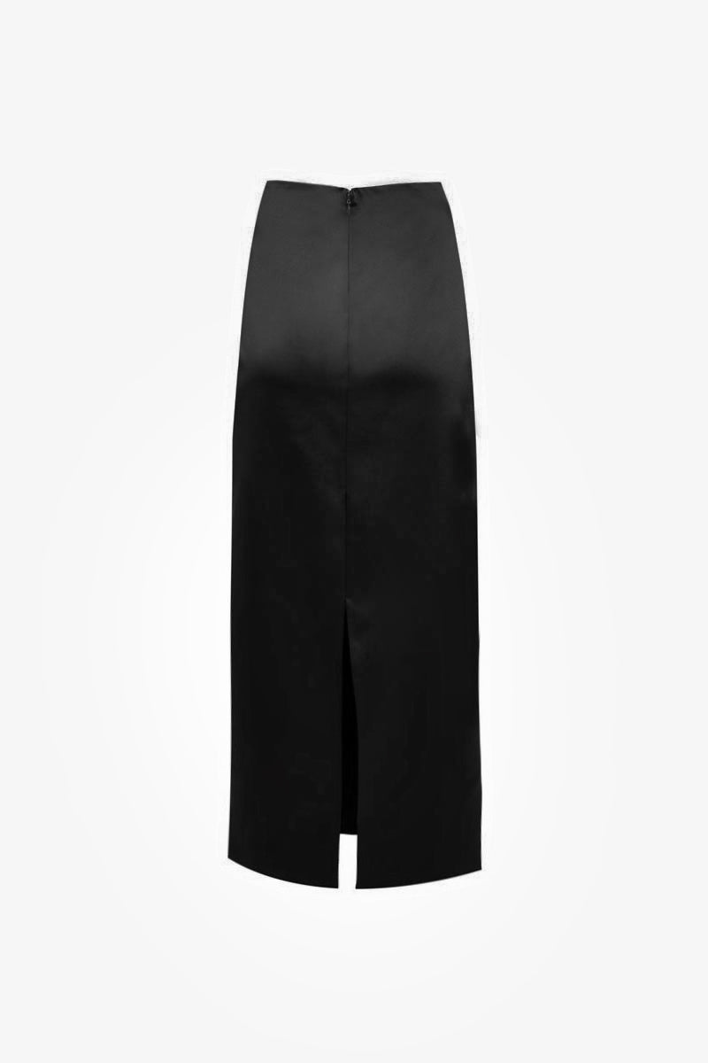 Black YASSMIN SALEH column midi skirt with a sleek, fitted silhouette and high waist, shown from the back view.