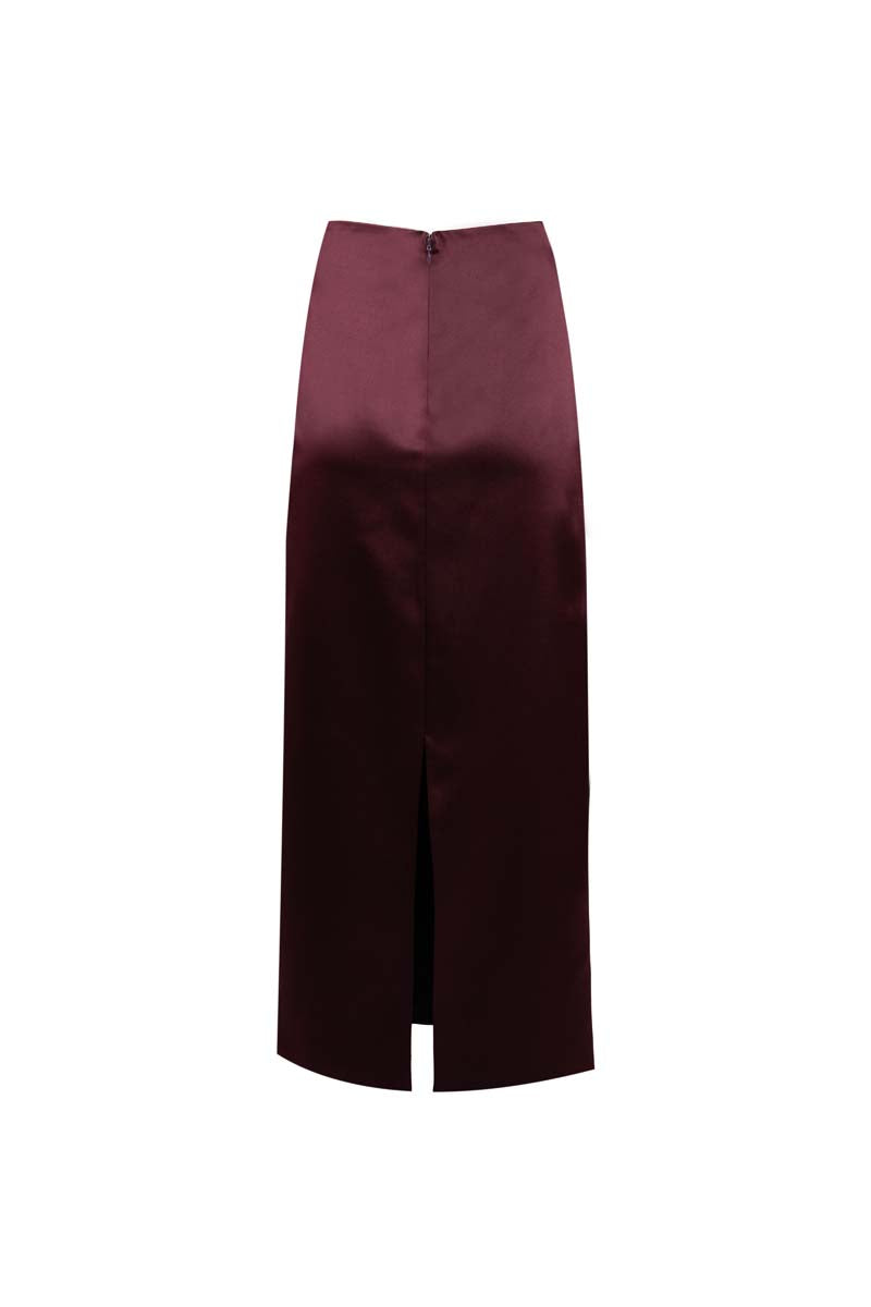 Purple midi column skirt by Yassmin Saleh, featuring a sleek silhouette and ghost back design.