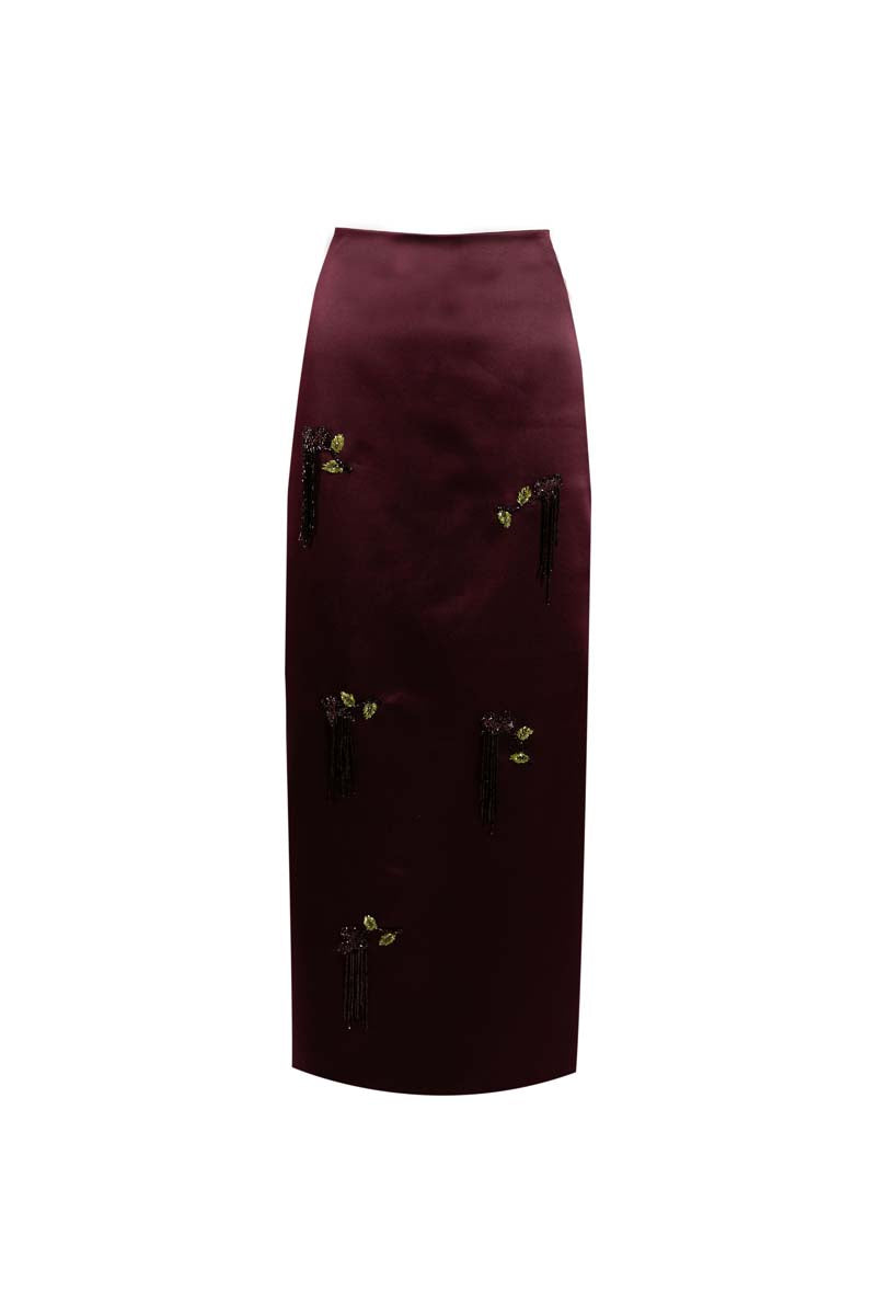 Purple YASSMIN SALEH midi column skirt with a sleek, fitted silhouette and front ghost detail.