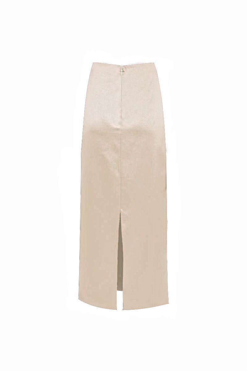 White YASSMIN SALEH midi column skirt displayed from the back, showcasing sleek design and fitted silhouette.