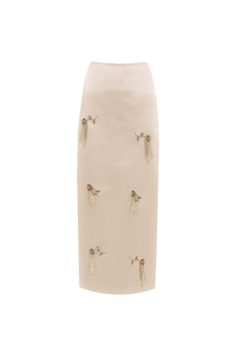 White YASSMIN SALEH column midi skirt displayed from the front, showcasing its sleek, fitted silhouette and elegant design.