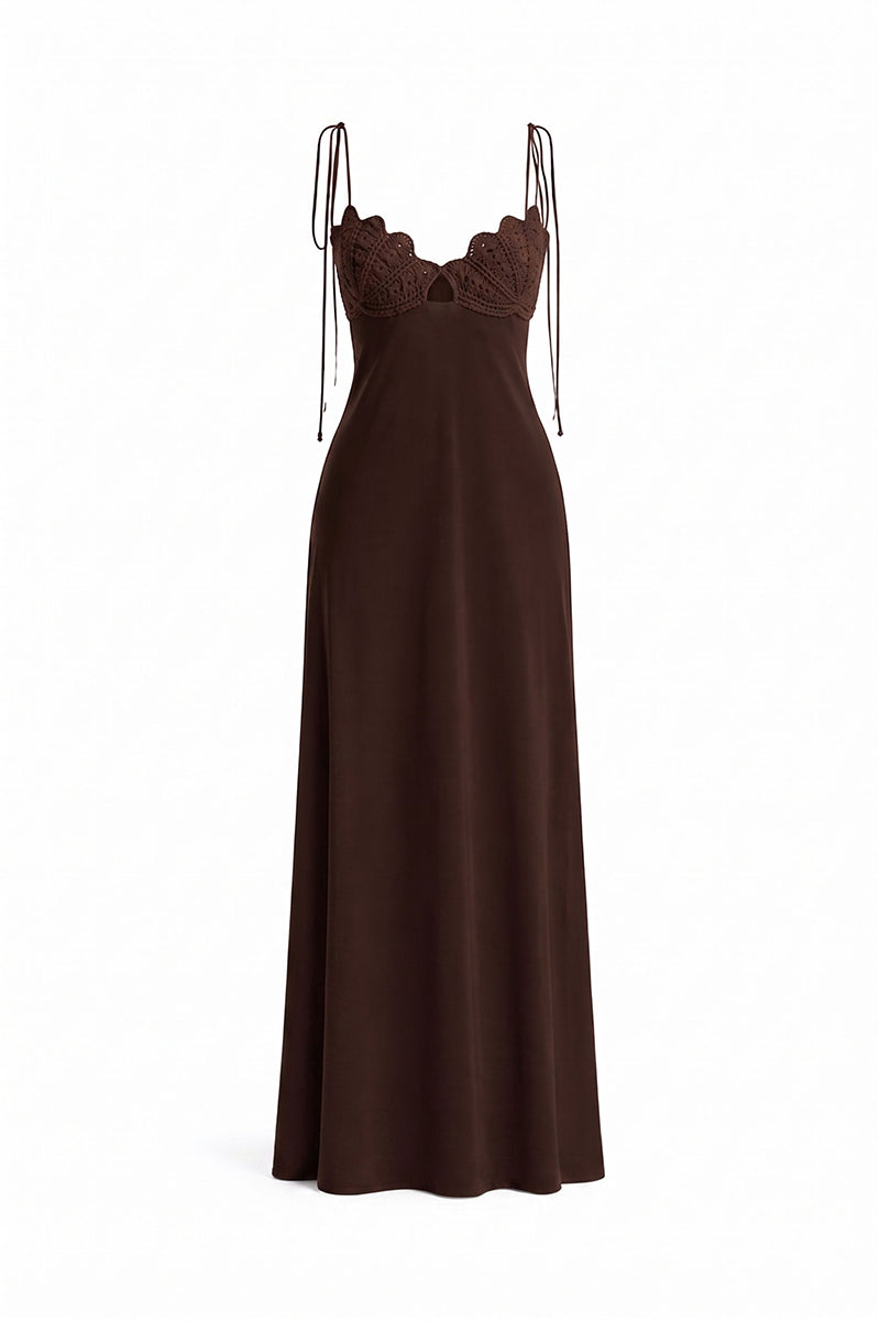 Brown Concha dress gown by Maylé Vásquez, elegant flowy fabric with intricate detailing, perfect for formal occasions.
