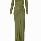 Deme By Gabriella Connie olive off-the-shoulder draped maxi dress displayed on a model, featuring elegant flowy fabric and off-the-shoulder design.