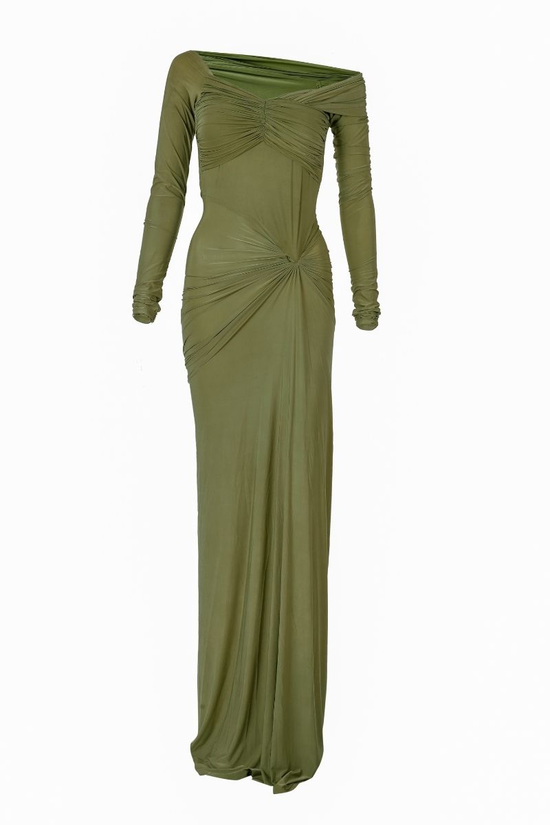 CONNIE OLIVE OFF-THE-SHOULDER DRAPED MAXI DRESS - CULT MIA