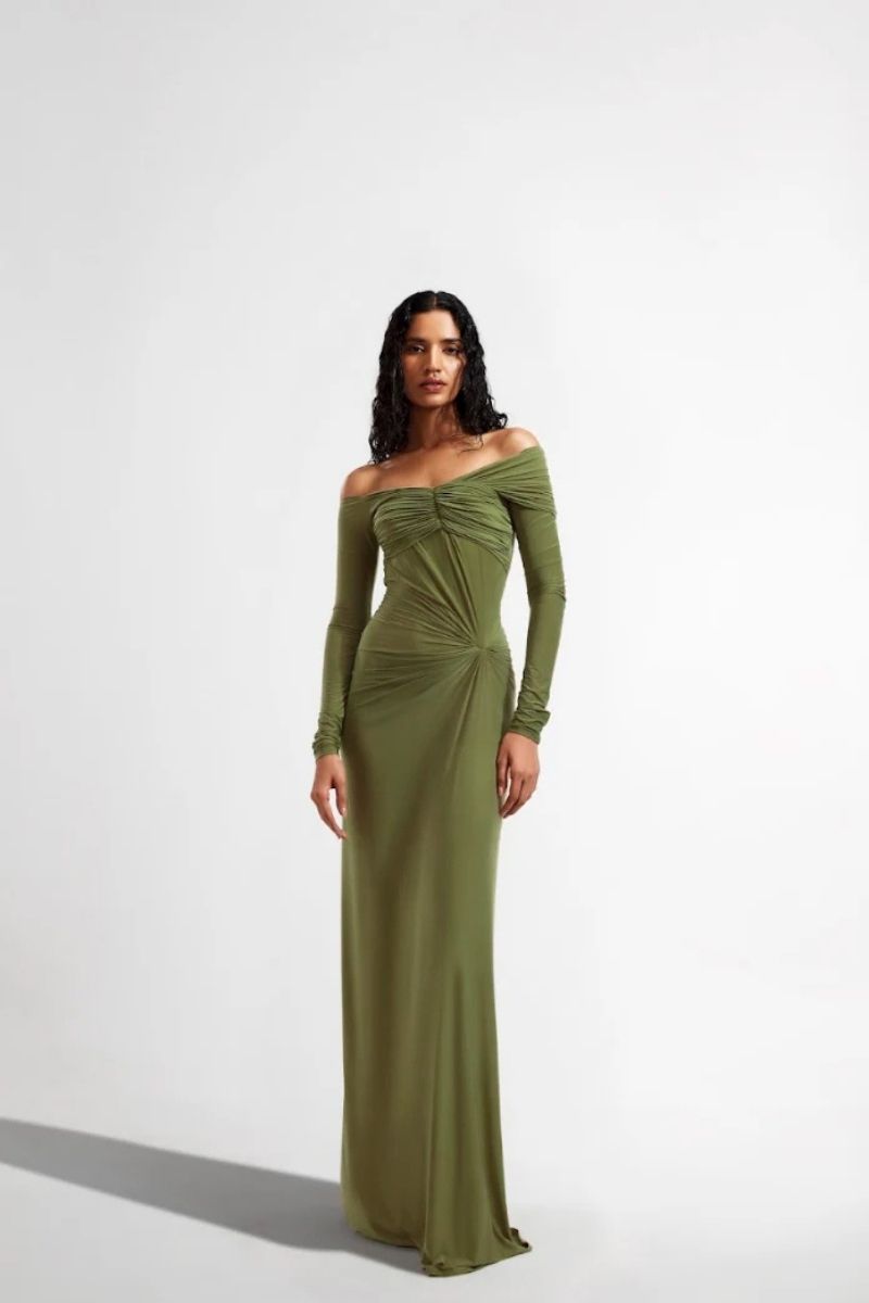 CONNIE OLIVE OFF-THE-SHOULDER DRAPED MAXI DRESS - CULT MIA