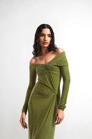 Deme By Gabriella Connie olive off-the-shoulder draped maxi dress displayed on a hanger with flowing fabric and elegant design details.