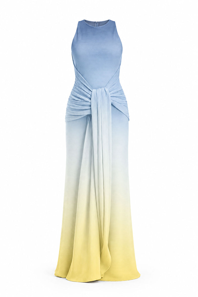 Maylé Vásquez Consta maxi dress with horizon ombre design, flowing fabric and elegant silhouette.