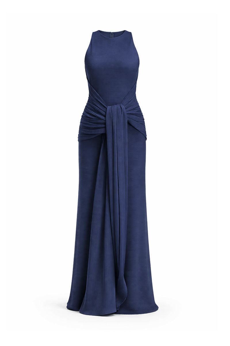 Midnight blue Consta dress by Maylé Vásquez, elegant maxi dress with flowing fabric and subtle detailing, perfect for formal occasions.
