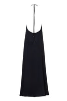 Black Baobab Rondine maxi dress displayed on a hanger, showcasing its elegant flowy fabric and classic design.