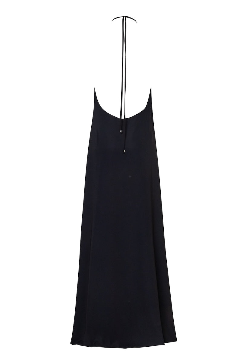 Black Baobab Rondine maxi dress displayed on a hanger, showcasing its elegant flowy fabric and classic design.