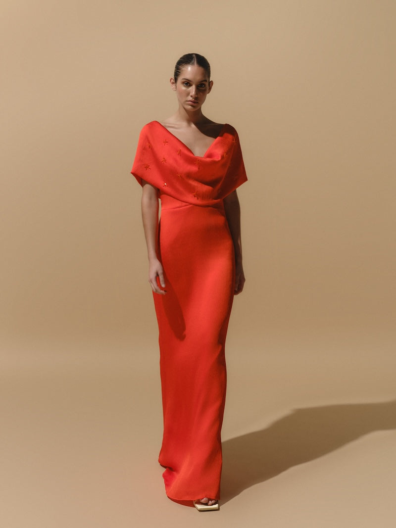 Baobab Lorna Dress in Archer, a stylish maxi dress with a flowing silhouette and colorful pattern, perfect for casual or dressy occasions.
