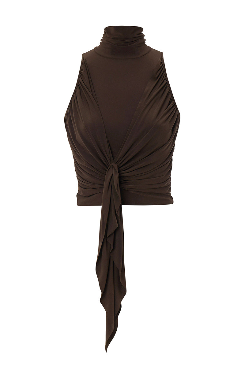 Brown IKINITA IKI-KNIT-A top with ribbed knit texture, displayed on a hanger against a neutral background.
