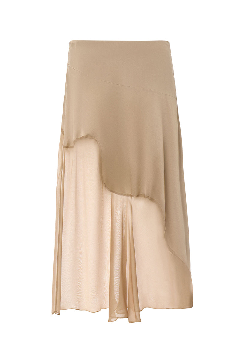 Nude IKINITA Nausica midi skirt displayed on a hanger, showcasing its elegant design and soft fabric.