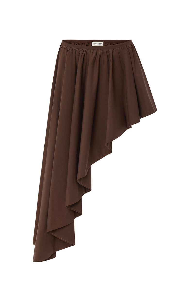 Brown IKINITA modular mini skirt with a stylish, layered design, perfect for a trendy and versatile look.