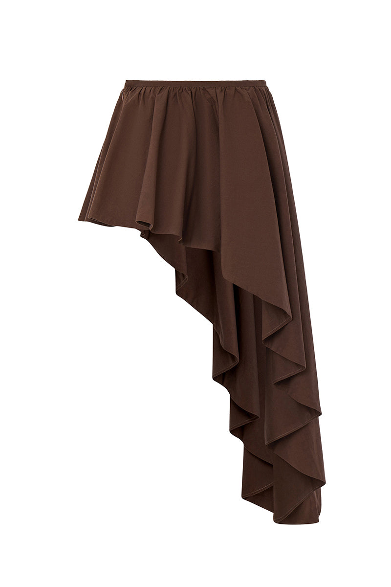 Brown IKINITA modular mini skirt with layered design, shown styled on a model. Perfect for trendy, versatile fashion looks.